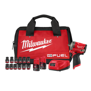 Milwaukee M12™ FUEL™ 1/2" Stubby Impact Wrench (2x 2.0Ah, Bag) with Socket Set Kit - M12FIWF12202BS