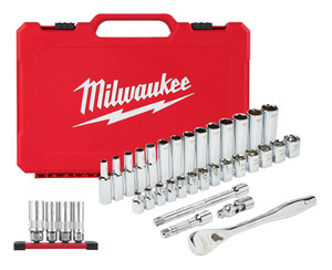 Milwaukee Ratchet & Socket Set with Bonus Spark Plug Sockets 3/8" Drive 32 Piece - MRSS36