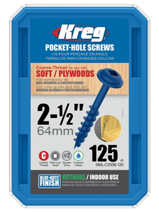 Order In - Kreg Pocket Hole Screws Coarse/MaxiLoc Head  BlueKote  64 MM 125 Pack - KR-SMLC250B-125
