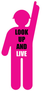 Order In - BLACKWOODS SIGNAGE Construction Flute Worker Sign - Male - "pointing up" "look up and live" - 5mm Flute - Pink - 710mm x 1660mm