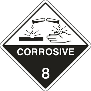 Order In - PROSAFE Danger Sign - Dangerous Goods Class Diamonds - Corrosive 8 - Self Adhesive Vinyl - White On Black - 100mm x 100mm