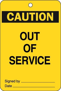Order In - BRADY Lockout Tags - Caution Out Of Service - Yellow/Black - Cardstock H150mm x W100mm - Pack 100