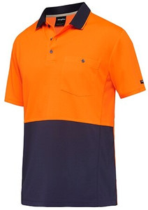 Order In - King Gee K54205 WorkCool Hyperfreeze Men's Spliced Polo T-Shirt - Polyester - Orange/Navy