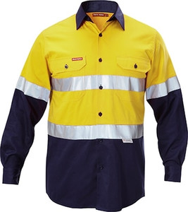 Order In - Hard Yakka Men's Two-Tone Drill Shirt With 3M Reflective Tape - Pre-Shrunk Cotton - Yellow/Navy Y07990