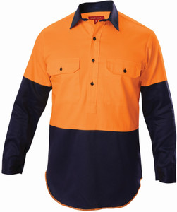 Order In - Hard Yakka Men's Two-Tone Drill Shirt With Gusset - Cotton - Orange/Navy - Y07984