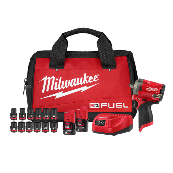 Milwaukee M12™ FUEL™ 1/2" Stubby Impact Wrench (2x 2.0Ah, Bag) with Socket Set Kit - M12FIWF12202BS