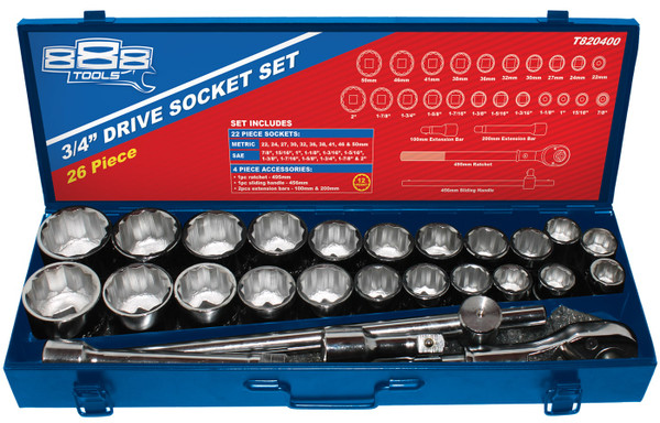 SP Tools Socket Set  3/4 DR 12 PT Metal Box 888 26 Pce - T820400