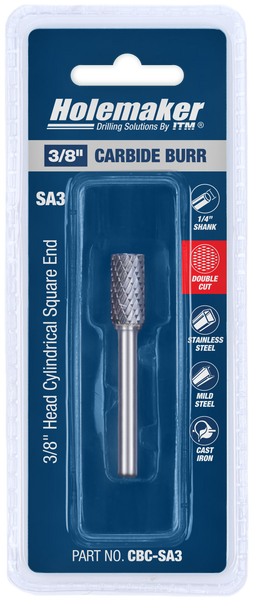 ITM Holemaker Carbide Burr Cylindrical Square End 3/8" X 3/4" Head 1/4" Shank - CBC-SA3