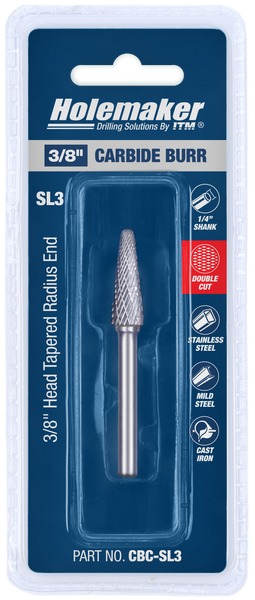ITM Holemaker Carbide Burr Tapered Radius 3/8" X 1-1/16" Head 1/4" Shank - CBC-SL3