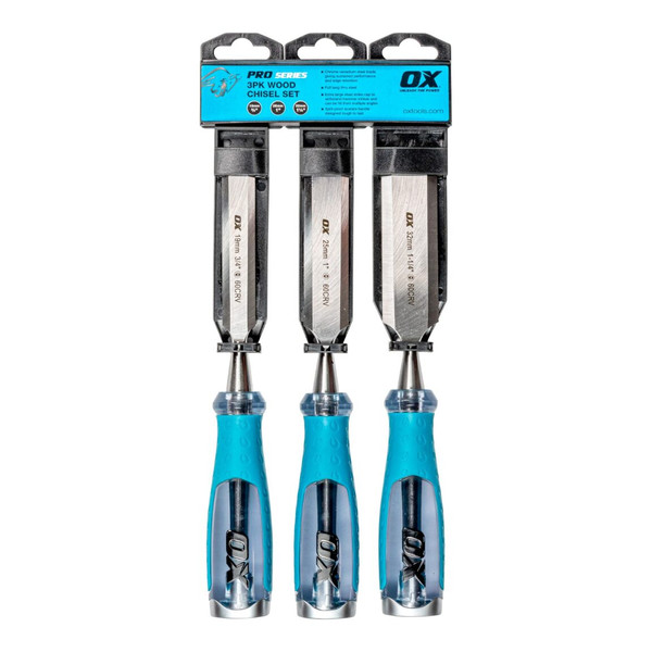 OX TOOLS Pro 3 piece Wood Chisel Set - Steel Through Tang & Metal Striking Cap - OX-P370903