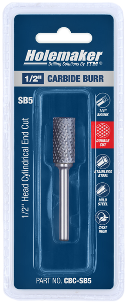 ITM Holemaker Carbide Burr Cylindrical End Cut 1/2" X 1" Head 1/4" Shank - CBC-SB5