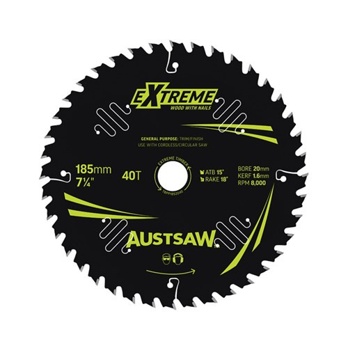 Austsaw Extreme: Wood with Nails Blade Thin Kerf 185mm x 20/16 Bore x 40 T - TBPP1852040