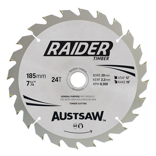 Austsaw Raider Timber Blade 185mm x 20/16 Bore x 24 T - TBR1852024