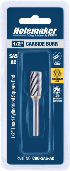 Order In - ITM Holemaker Carbide Burr Cylindrical Square End 1/2" X 1" Head 1/4" Shank AC - CBC-SA5-AC