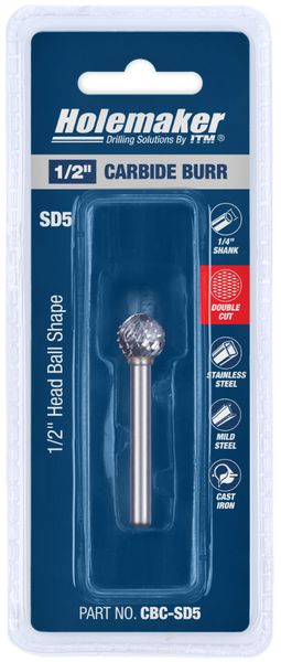Order In - ITM Holemaker Carbide Burr Ball Shape 1/2" Head 1/4" Shank - CBC-SD5