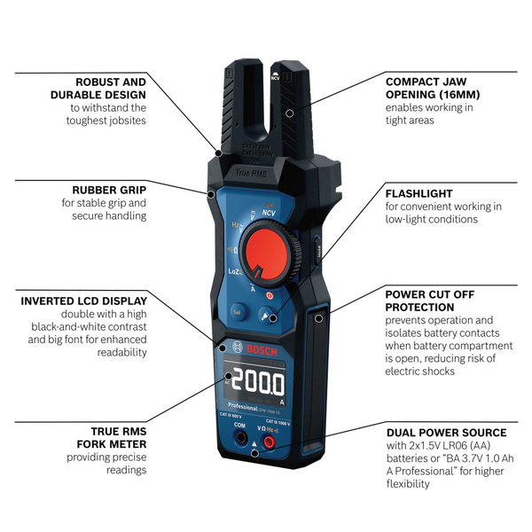 Bosch 1000V Fork Meter IP54 - GFM 1000-15 - 601077400