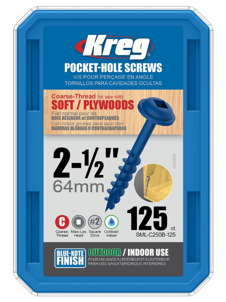 Order In - Kreg Pocket Hole Screws Coarse/MaxiLoc Head  BlueKote  64 MM 125 Pack - KR-SMLC250B-125