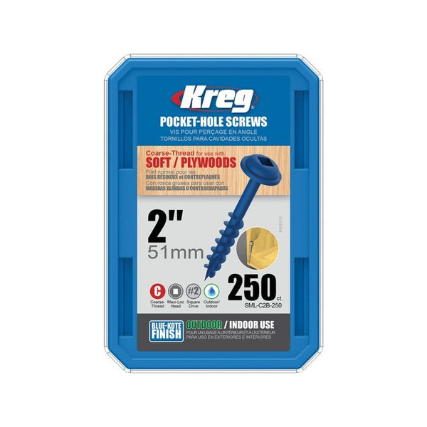 Order In - Kreg Pocket Hole Screws Coarse/MaxiLoc Head BlueKote 51  MM 250 Pack - KR-SMLC2B-250