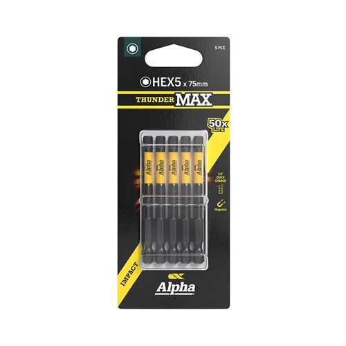 Order In - Alpha ThunderMax Impact Power Bit HEX5 x 75 MM 5 Pack - CHEX575SM-5