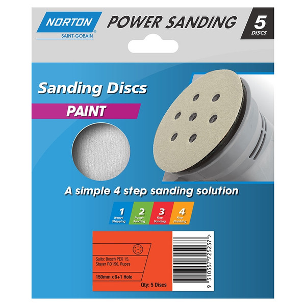 Norton Abrasives 150mm 6+1 Hole Sanding Disc For Paint - 320 Grit - Pack of 5