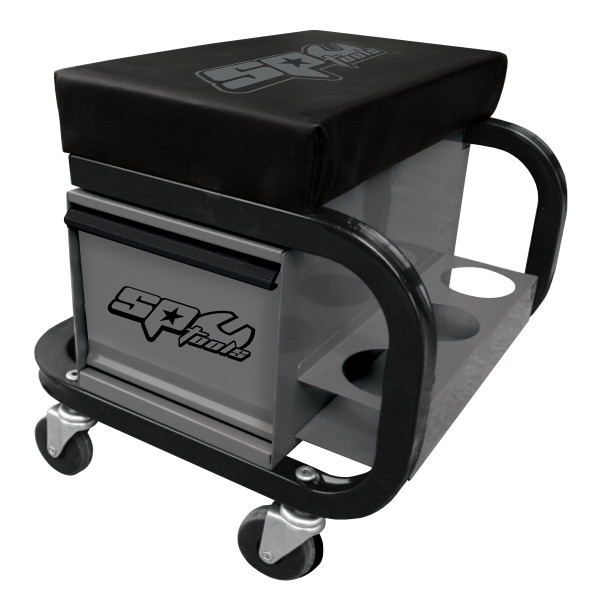 SP Tools Worshop Roller Seat With Storage Grey & 3 Can Holders - SPR-18