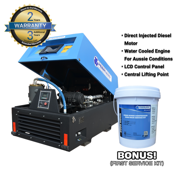 Order In - Peerless P125D Diesel Base Mount Rotary Screw Air Compressor - P125D