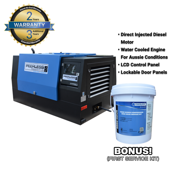 Order In - Peerless P185D Diesel Base Mount Rotary Screw Air Compressor - P185D