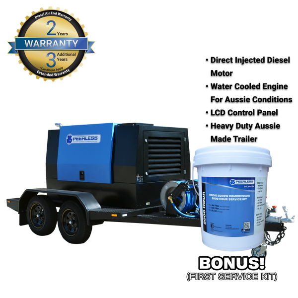 Order In - Peerless  P250D Diesel Trailer Mount Rotary Screw Air Compressor - P250D-T