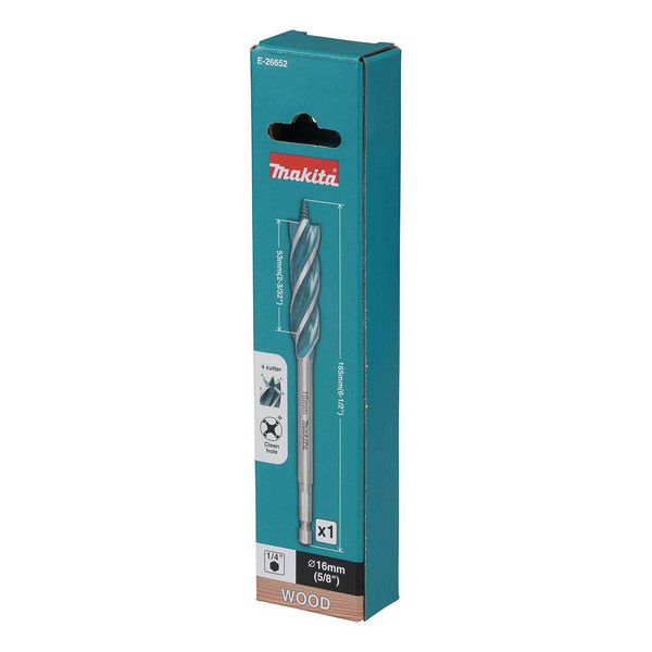 Order In - Makita Impact 4-Cut Wood Auger Bit 1/4 Hex 16 MM x 165 MM - E-26652