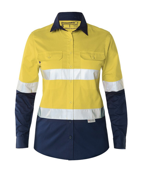 Order In - Workhorse WSH061 Womens Two-Tone High Visibility Long Sleeve Vented Shirt - Cotton Ripstop - Yellow/Navy