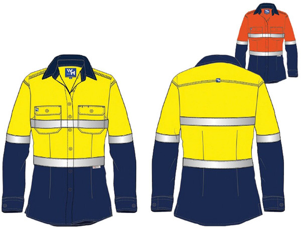 Order In - Workhorse WSH136 - Women's 2-Tone High Visibility Long Sleeve Cotton - Gusset Cuff Shirt - Yellow/Navy