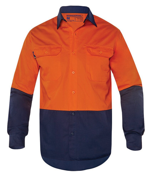 Order In - Workhorse MSH003 Work Shirt - Men - Two-Tone - High Visibility - Classic - Long Sleeve - Cotton - Orange/Navy