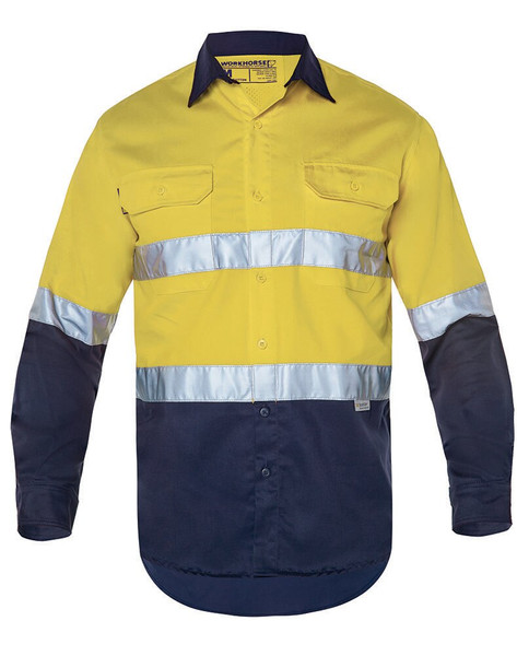 Order In - Workhorse MSH176 Shirt - Men - Two-Tone - High Visibility - Long Sleeve - Gusset Cuff - Cotton - Yellow/Navy
