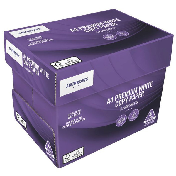 Order In - J.Burrows - A4 Premium Copy Paper - 80gsm - White - 500 Sheets/Ream - Box of 5 Reams