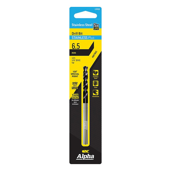 Order In - Alpha C9LMP065 Jobber Drill Bit - Stainless Plus - Metric - Carded - 6.5mm