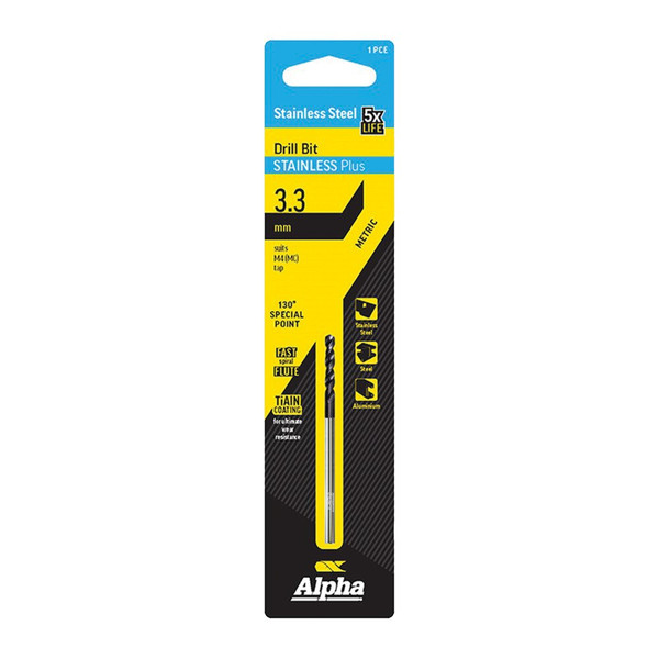 Order In - Alpha C9LMP033 Jobber Drill Bit - Stainless Plus - Metric - Carded - 3.3mm