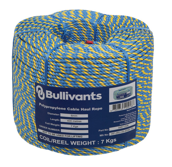 Order In - Bullivants Polypropylene Cable Haul Rope - Synthetic Rope - Blue/Yellow - 6mm x 400m