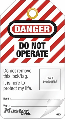 Order In - Master Lock S4801 Photo Identification Tag - Self-Laminating - Danger Do Not Operate - White/Red/Black - 5.8" x 3.2" - Pack of 12