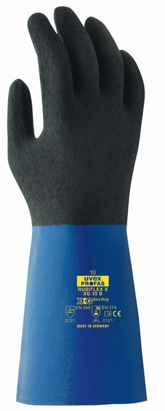 Order In - uvex Rubiflex S XG27B Chemical & Liquid Resistant Gloves - NBR fully coated - Cotton Interlock Liner - Supported - 27cm - Xtra Grip - Blue/Black - M