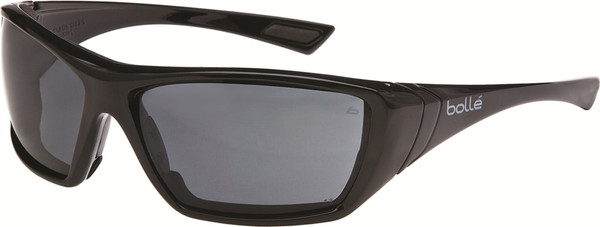Order In - Bolle Hustler 1662602 Safety Glasses - Wrap-Around - Nylon/Eva Frame - Gloss Black Frame - Anti-Scratch/Anti-Fog - Platinum Coating - Smoke Lens