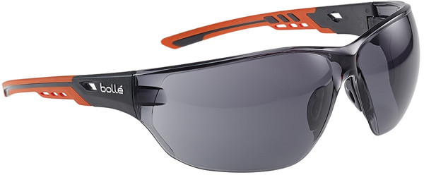 Order In - Bolle Ness+ NESSPPSF Safety Glasses - Wrap-Around - Non-Slip Nost Bridge - Black/Orange Temple - Platinum Coating - Anti-Scratch/Anti-Fog - Smoke Lens