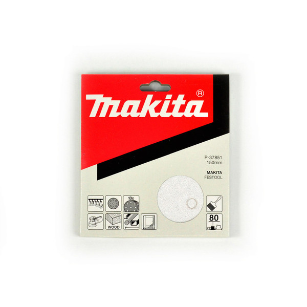 Makita 150mm White Sanding Discs Hook & Loop Style 80 Grit - 9 Holes - 10 Pack