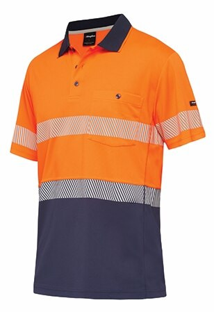 Order In - King Gee K54215 Men's WorkCool Hyperfreeze Spliced Polo T-Shirt - Reflective Tape - Polyester - Orange/Navy