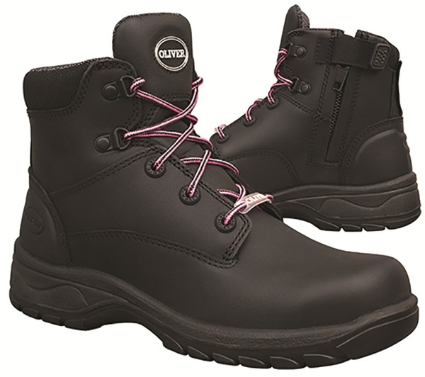 Order In - Oliver PB 49-445Z Womens Safety Boots - Ankle Anti-Static Lace Up with Side Zipper Full Grain Leather - Black