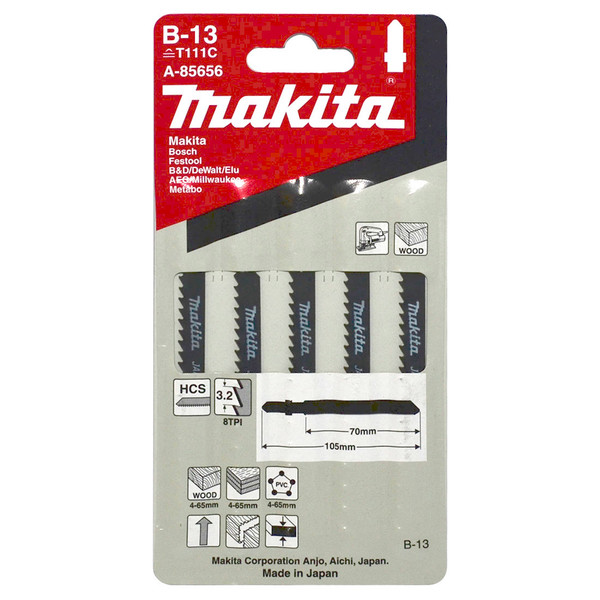 Makita B-13 70mm HCS Jigsaw Blades - Wood/Plywood/PVC 8TPI - 5 Pack