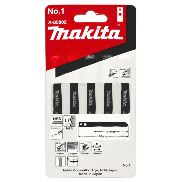 Makita No. 1 61mm HSS Jigsaw Blades (Old Type) - PVC/Aluminium/Stainless Steel 24TPI - 5 Pack