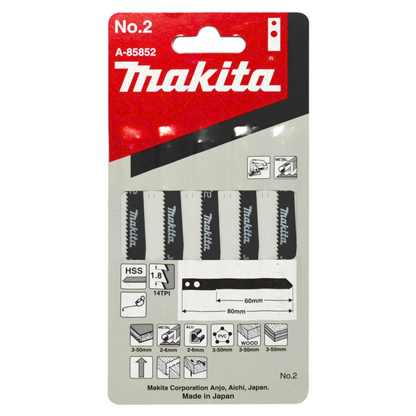 Makita No. 2 60mm HSS Jigsaw Blades (Old Type) - Wood/Aluminium/Metal 14TPI - 5 Pack
