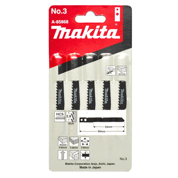 Makita No. 3 59mm HCS Jigsaw Blades (Old Type) - Wood/Laminate/PVC 9TPI - 5 Pack
