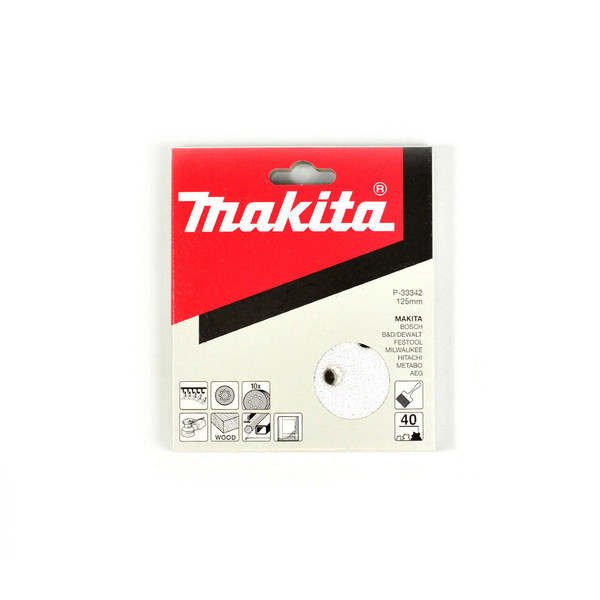 Makita 125mm White Sanding Discs Hook & Loop Style 40 Grit - 8 Holes - 10 Pack