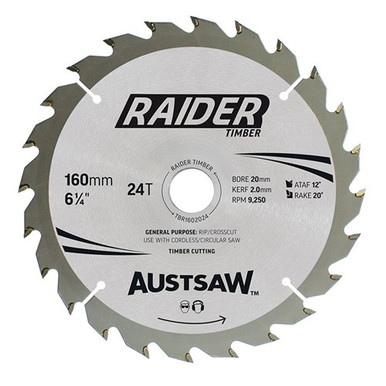 Austsaw Raider Timber Blade Thin Kerf 160mm x 20/16 Bore x 24 T ...